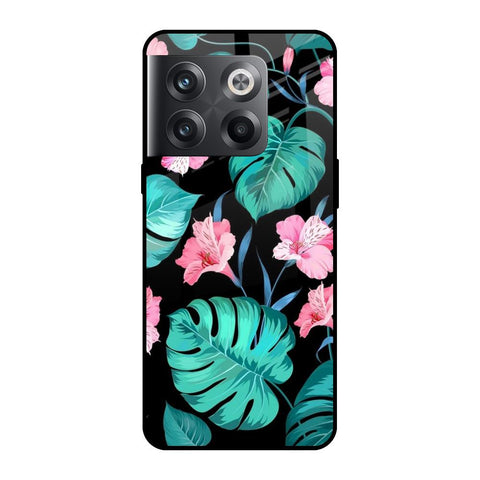 Tropical Leaves & Pink Flowers OnePlus 10T 5G Glass Cases & Covers Online