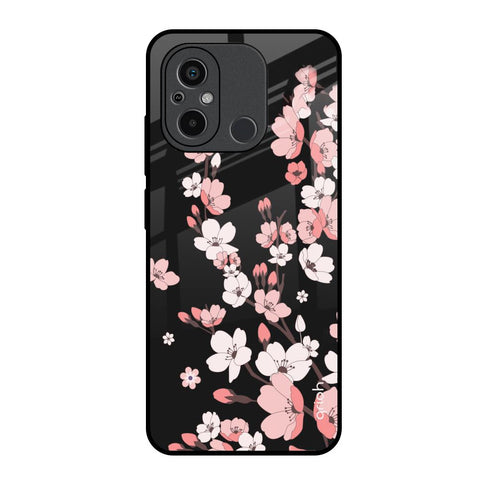 Black Cherry Blossom Redmi 12C Glass Back Cover Online