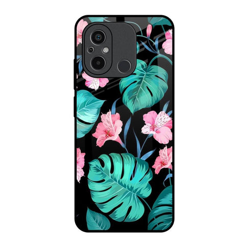 Tropical Leaves & Pink Flowers Redmi 12C Glass Back Cover Online